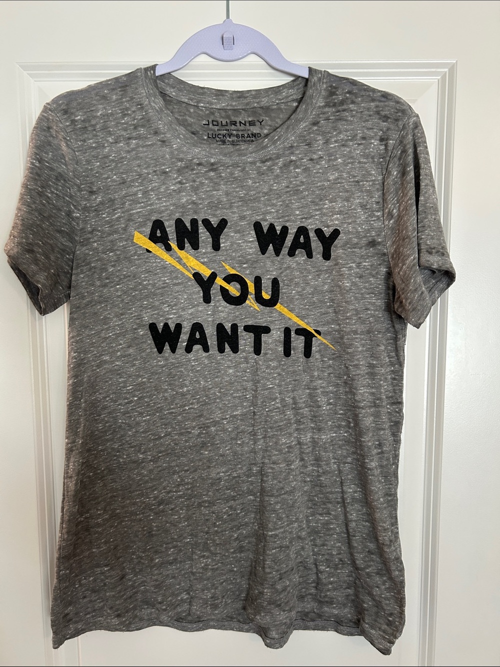 Lucky Brand Gray Tee with Black Text and Yellow Slash